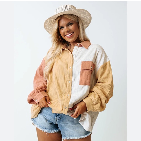 entro Tops - Entro Color Block gauze cotton Button Down